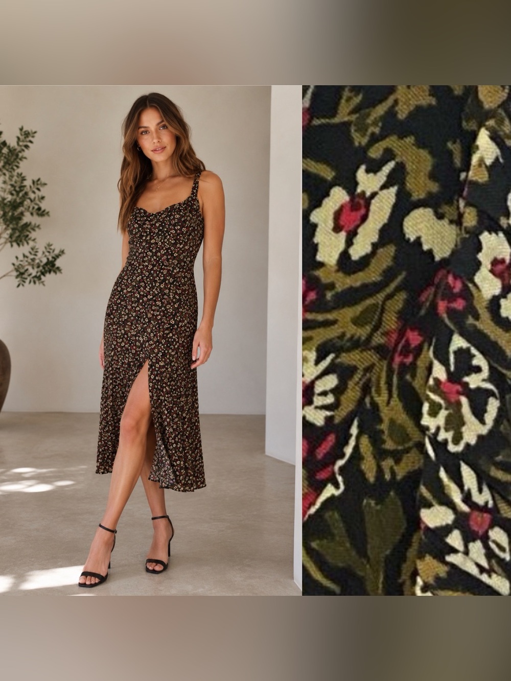 Zara Black Green Micro Floral Midi Slip Dress Sz M Viscose Sweetheart Neck